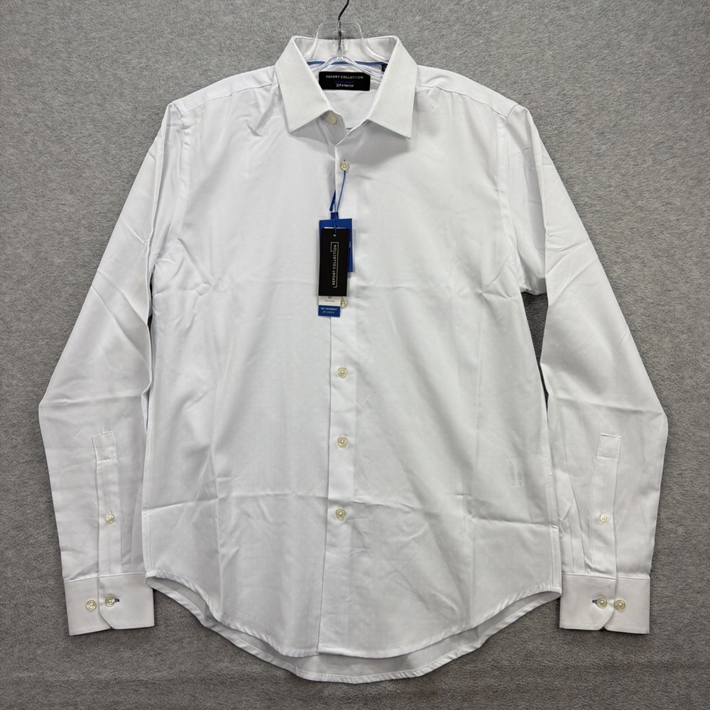Report Collection Shirt Mens Medium White Polka Dot 360 Movement‎ X4 Stretch NEW